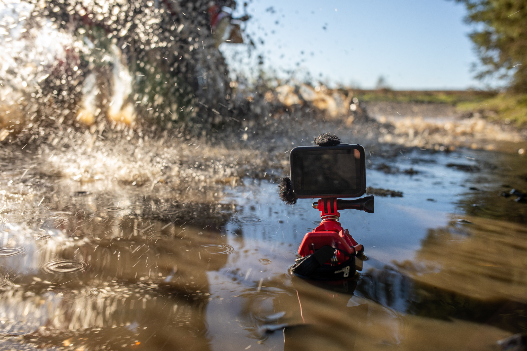 Low angle motorcycle action camera shot using the Dango Gripper